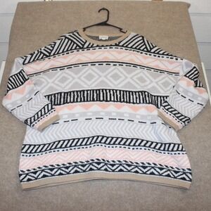 52seven Womens XL Geometric Tribal Print Oversized Crew Neck Sweater Peach Black